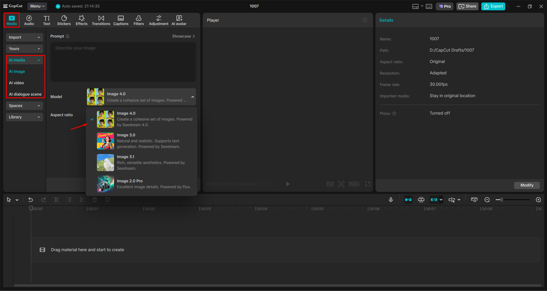Opening the AI image tool in the CapCut desktop video editor