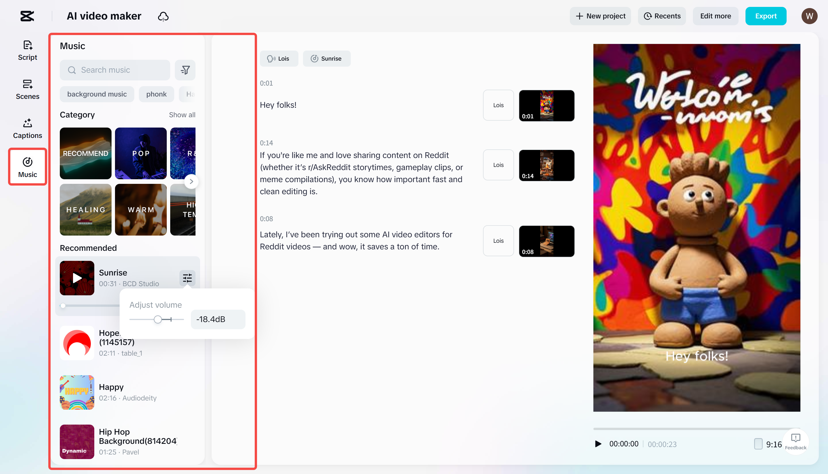 Applying music to video in CapCut's AI video maker tool
