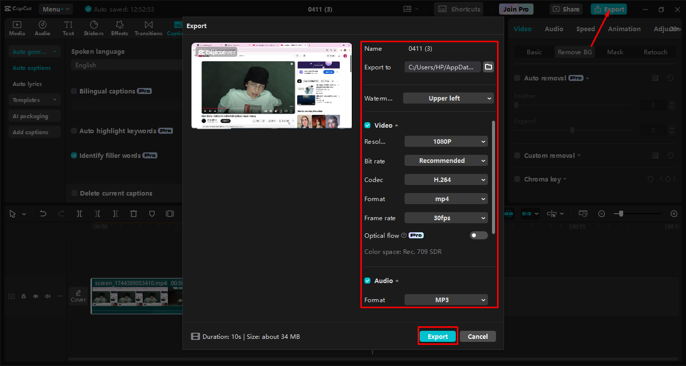 Mengeksport rakaman menggunakan editor video desktop CapCut