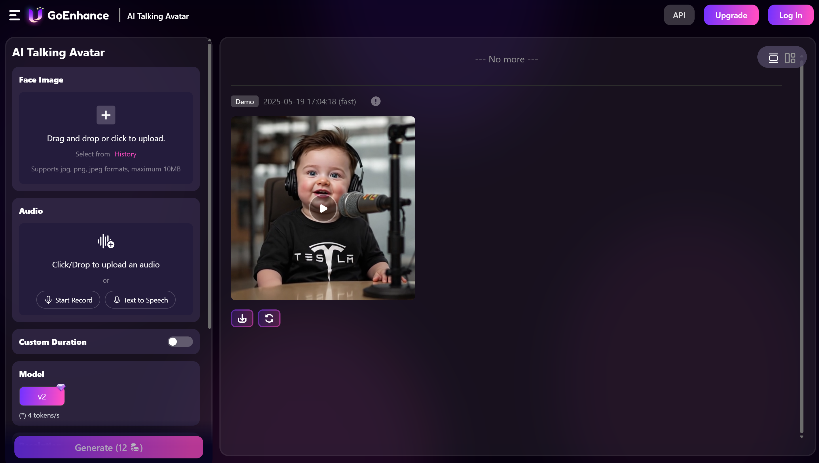 Interface of GoEnhance AI - an ideal tool to generate talk baby podcasts