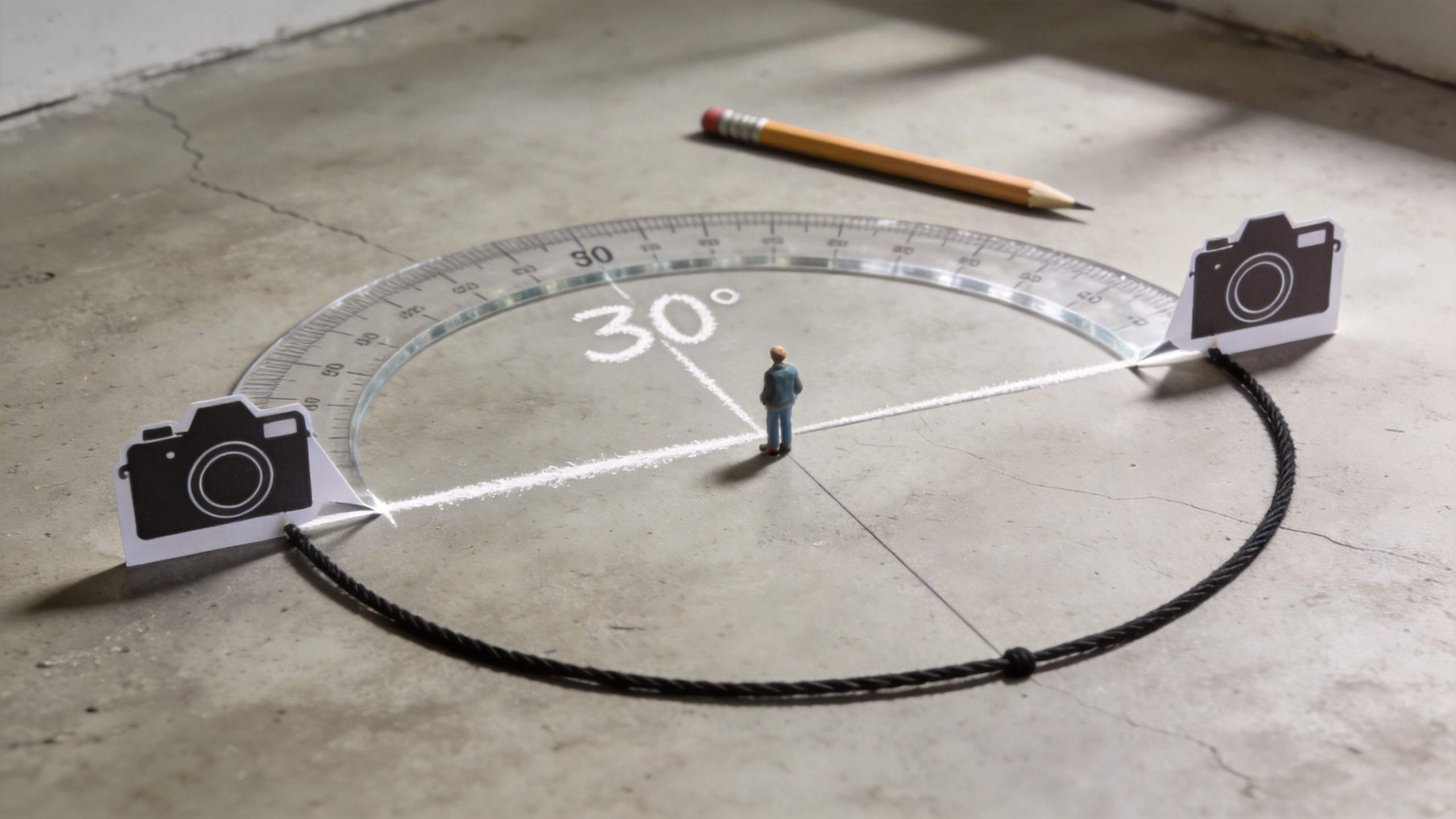 Miniature person stands inside a 30° protractor circle between two camera icons