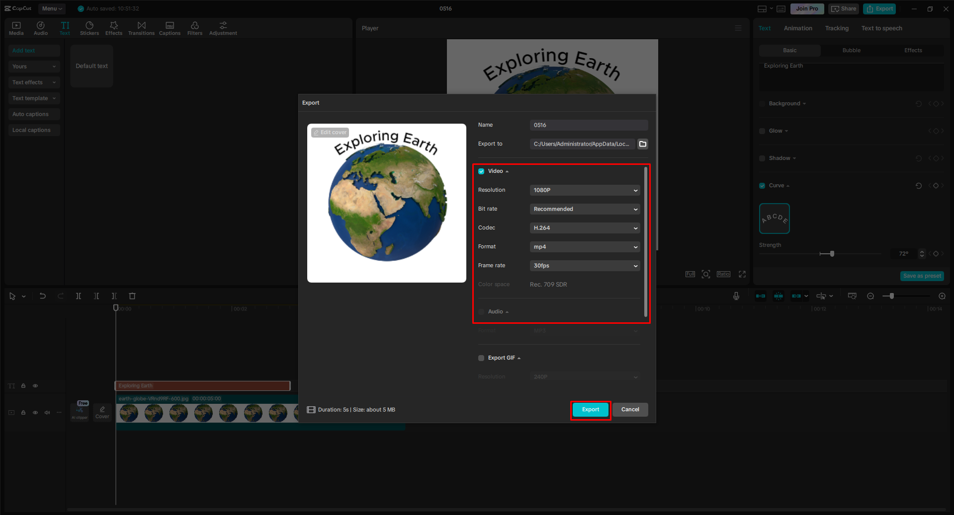 Export the video with wrapped text