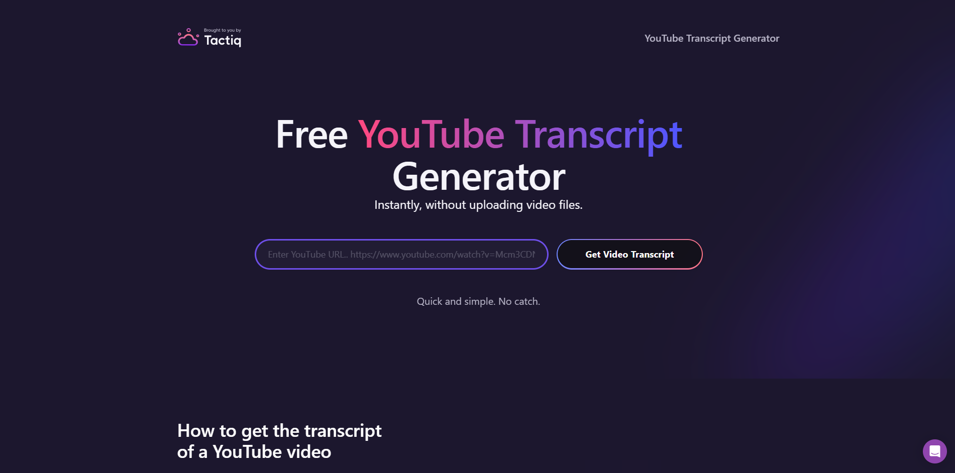 Interface of Tactiq - an ideal tool to get YouTube transcripts online