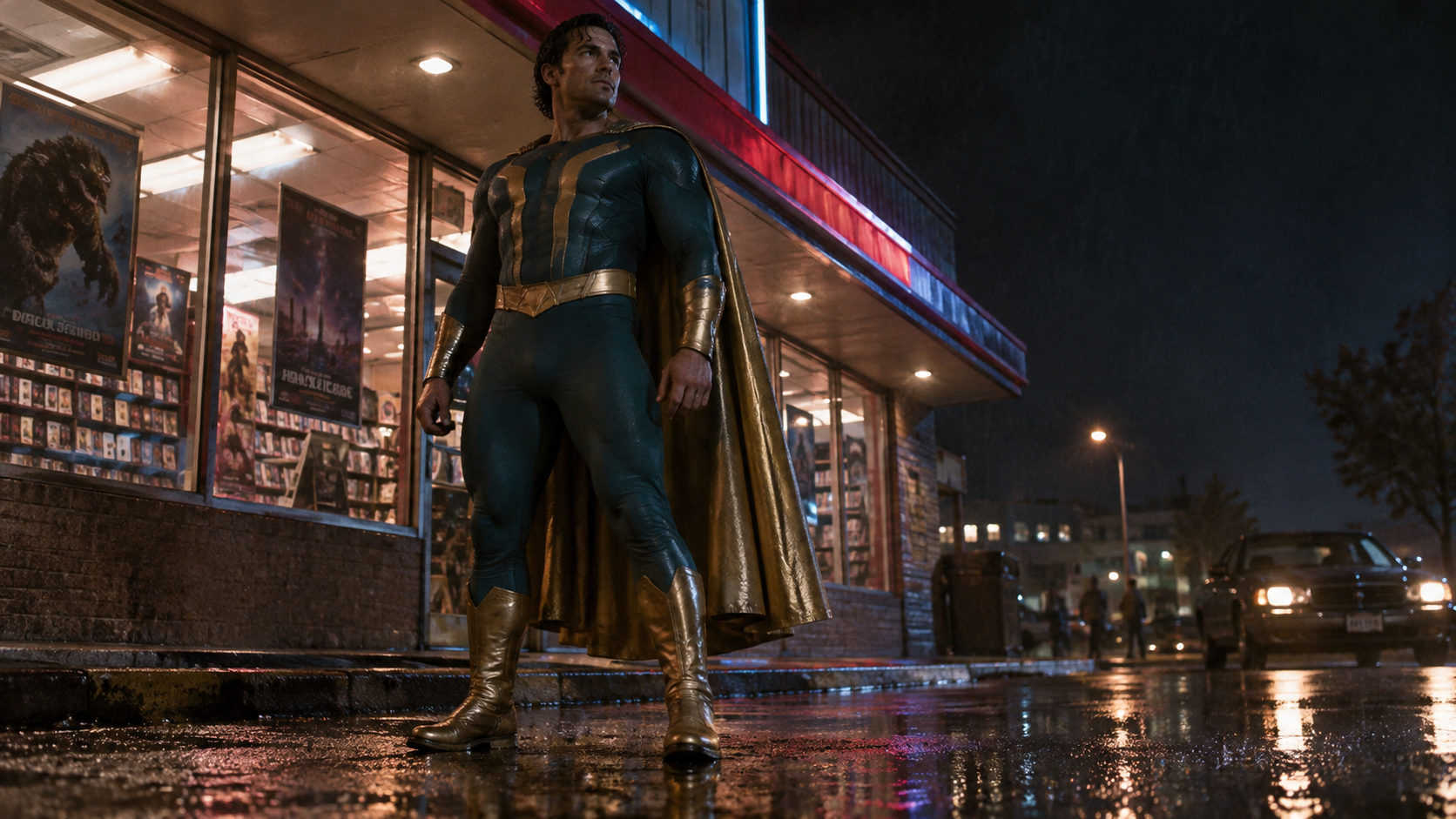 Video-store hero reveal example for shazam movie 90s