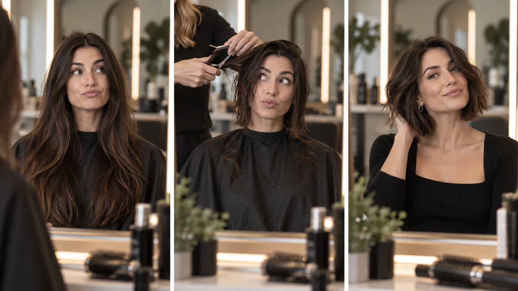 A long-to-bob haircut transformation shown in three clean salon beats