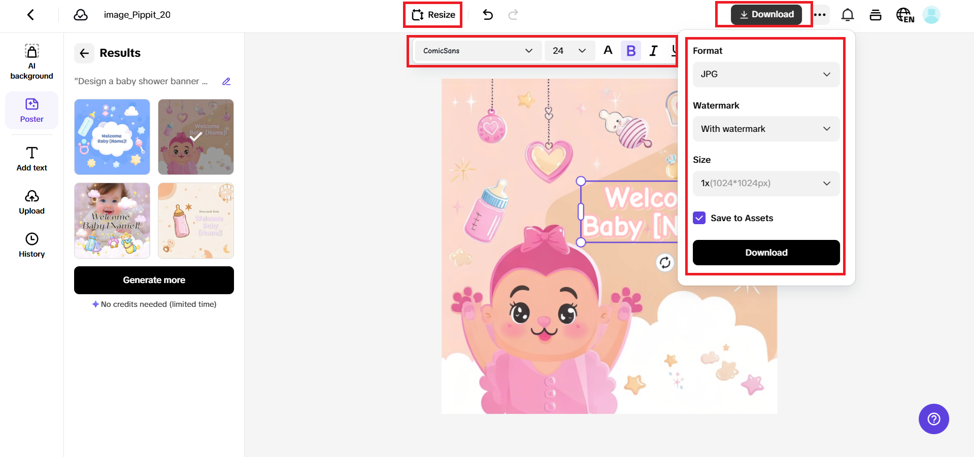 Select, edit text, and download your poster