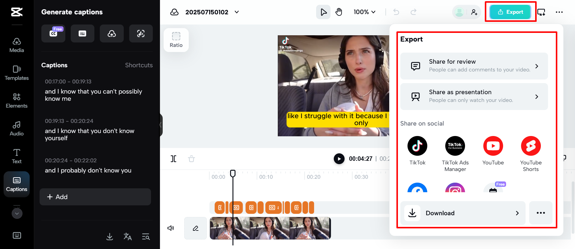 Exporting the captions from CapCut Web