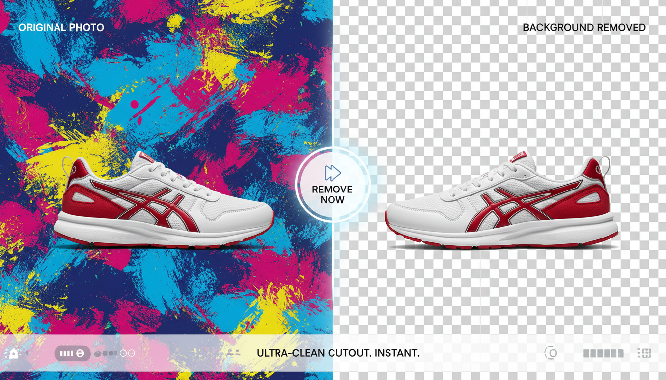 Hero split comparison: sneaker original vs transparent background, free background remover, watermark-free PNG.