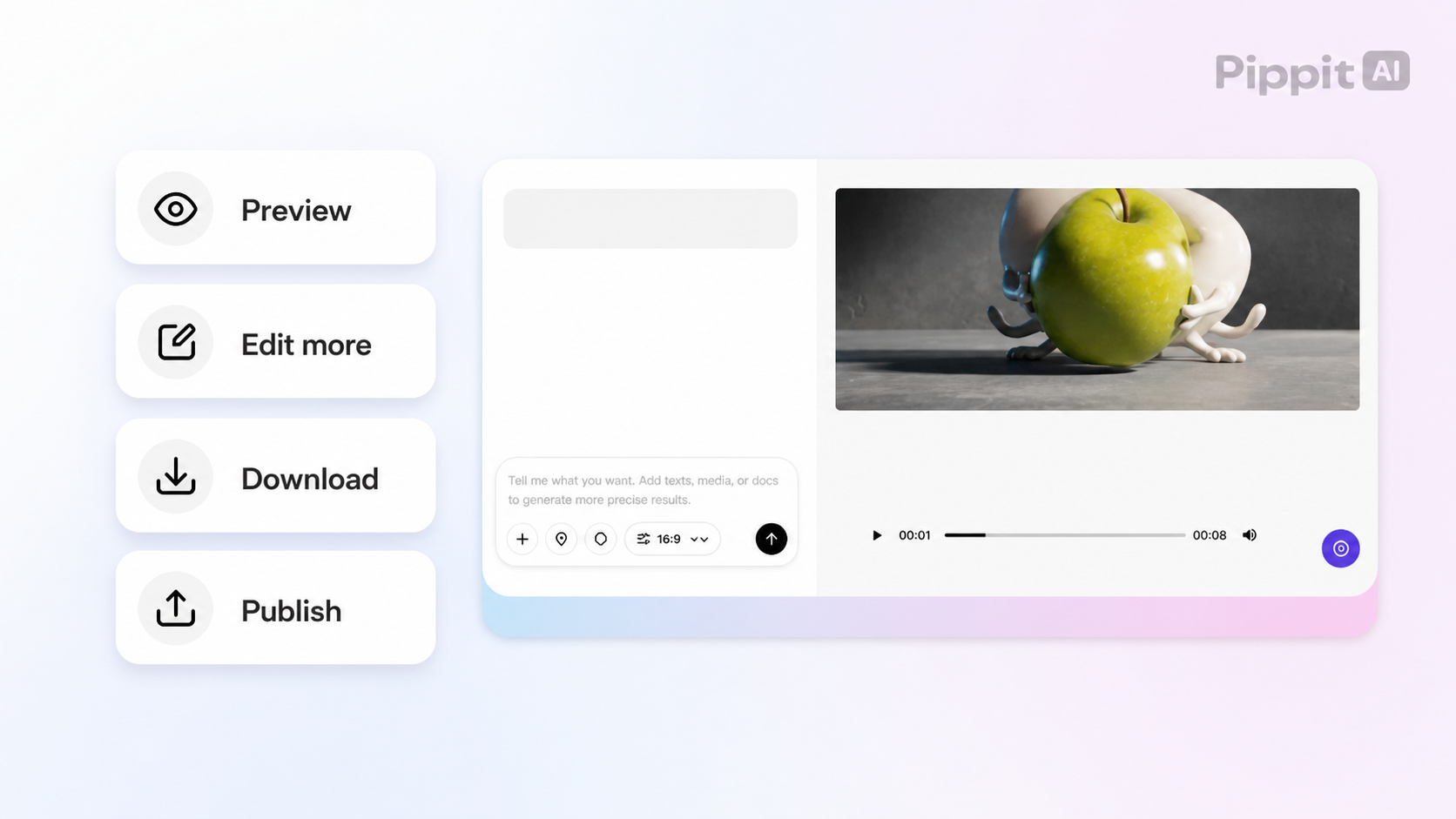 Video editor interface with Preview, Edit more, Download, and Publish buttons beside a video timeline.