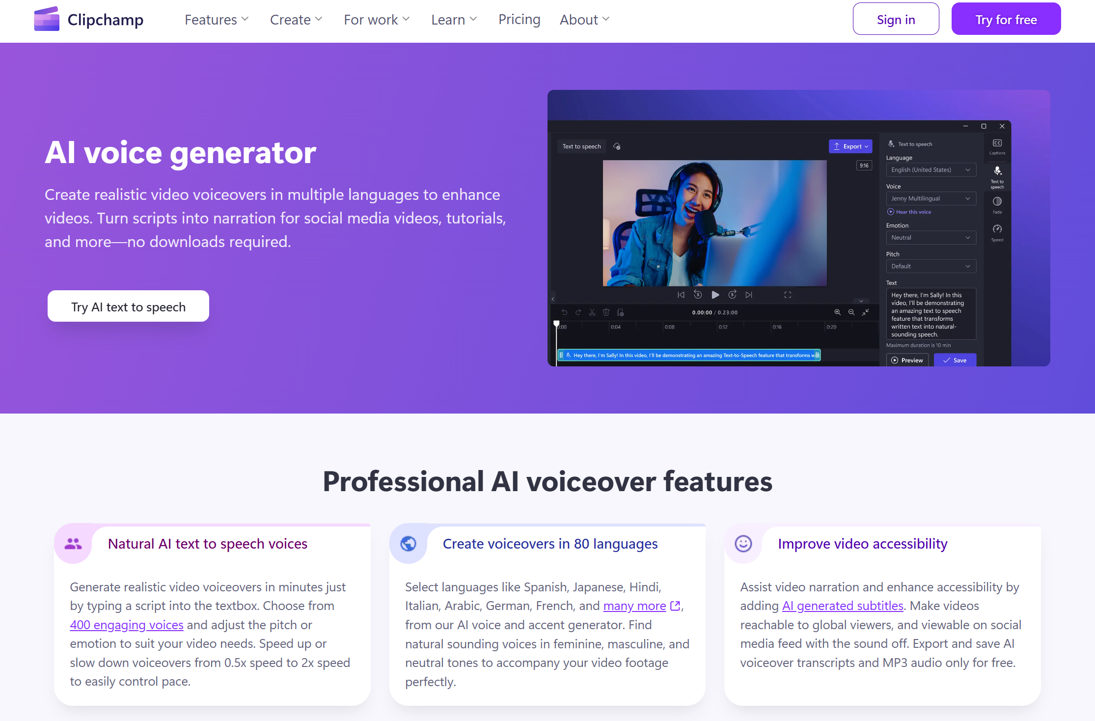 Clipchamp AI text to speech