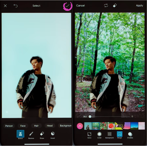 Interface of Picsart - a mobile app to edit photos with backgrounds
