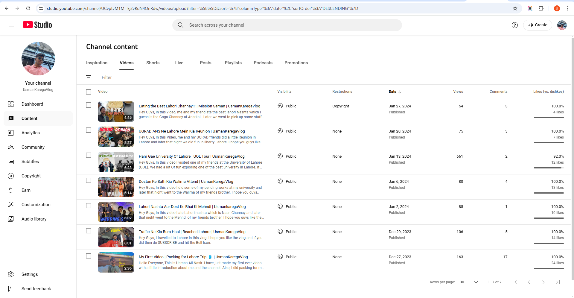 Checking the overall channel analytics in YouTube Studio