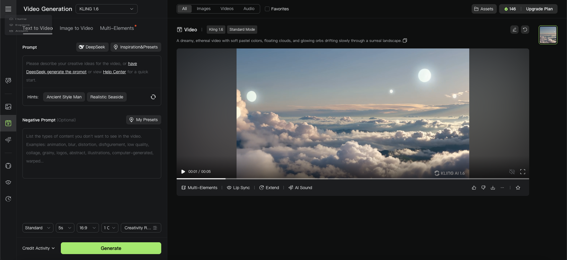 Interface de IA geração de vídeo Kling