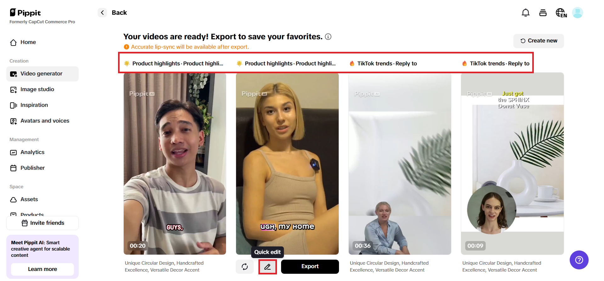 생성된 동영상을 미리 보고 '빠른 편집'을 선택하세요.