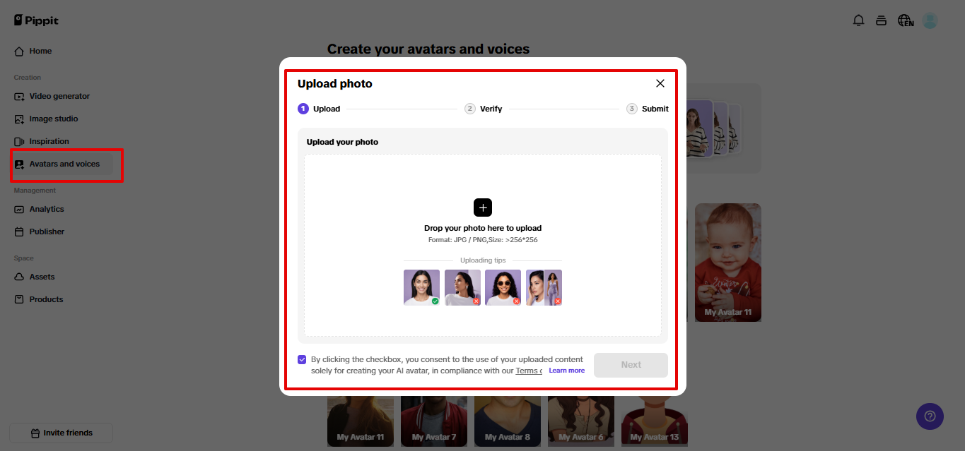 Ina-upload ang larawan sa Pippit
