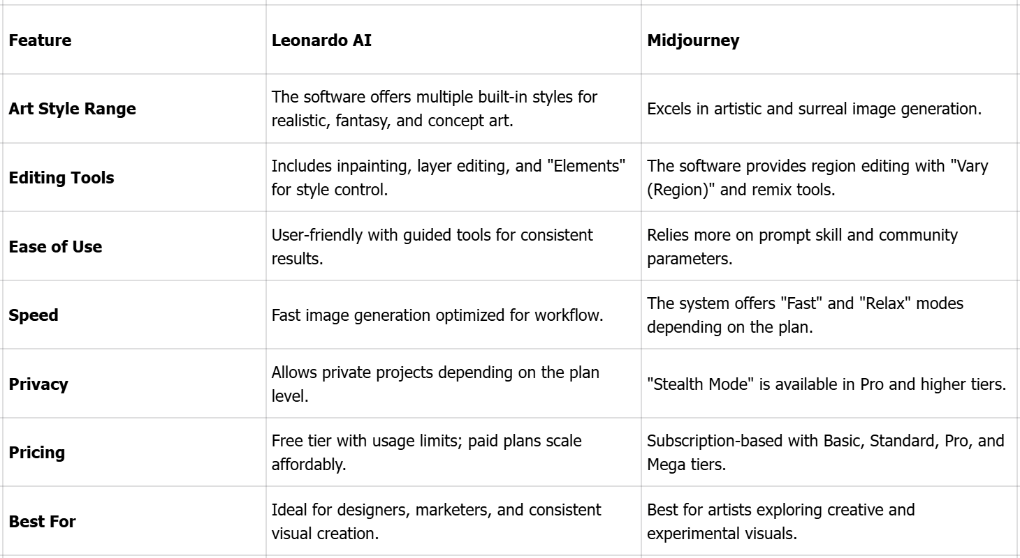 Leonardo vs AI MidJourney: Comparison table