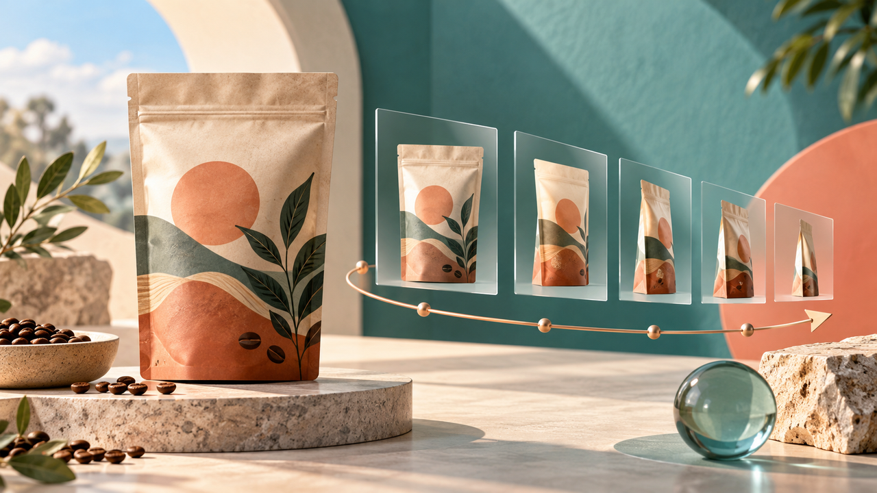 A coffee pouch photograph beside motion frames and a camera path