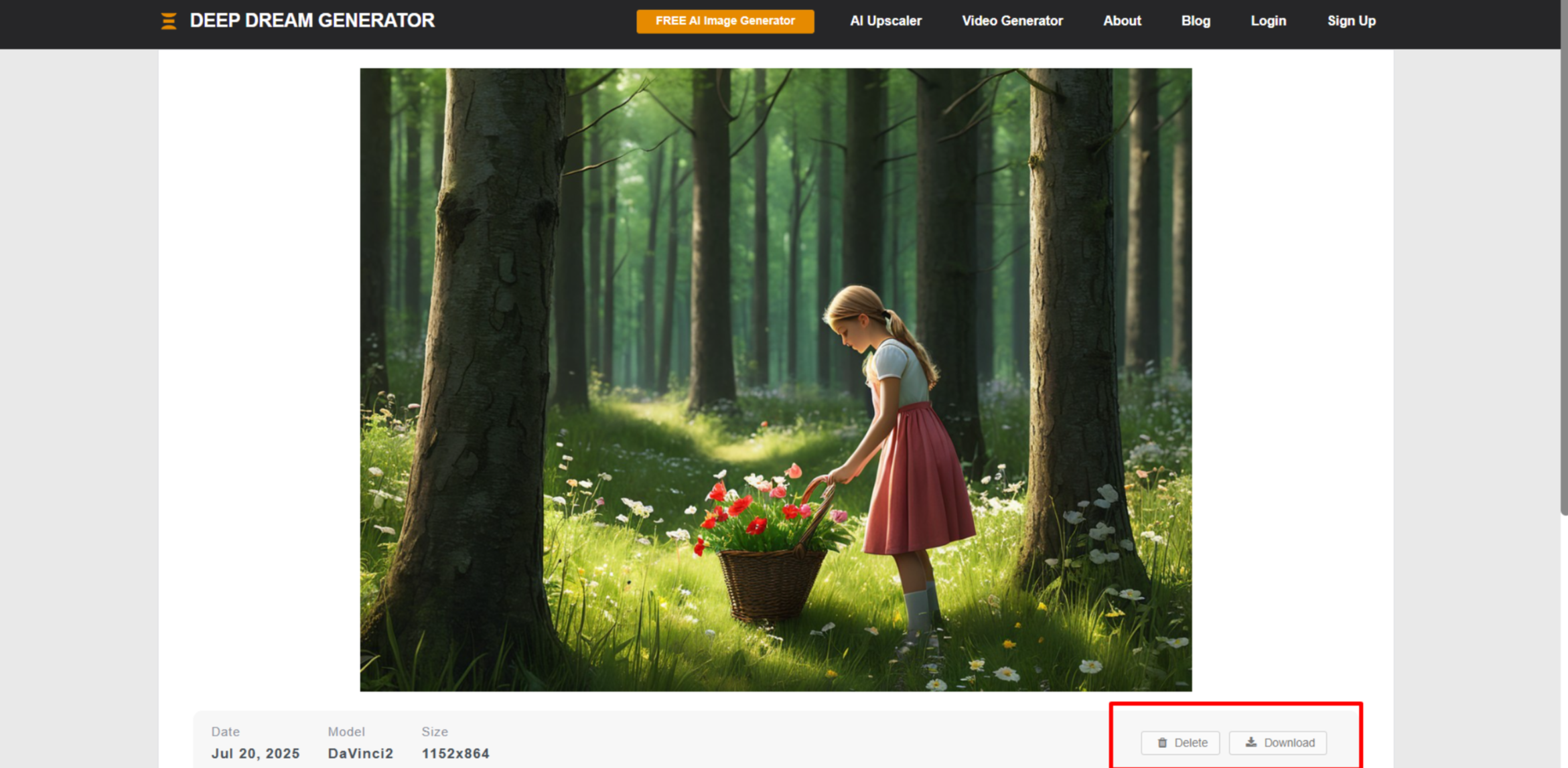 Downloading an AI-generated dream image from Deep Dream Generator