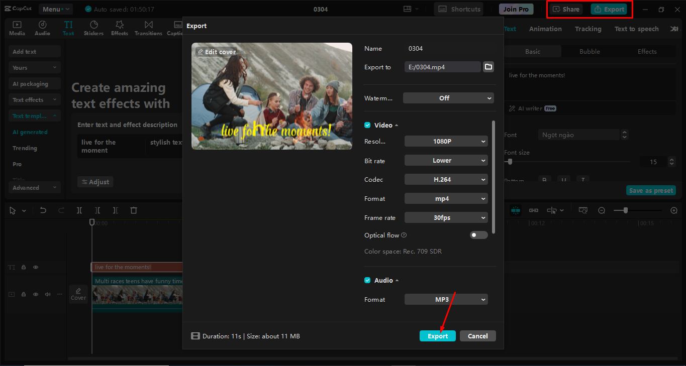 Exporting the video after generating fonts from the CapCut desktop video editor