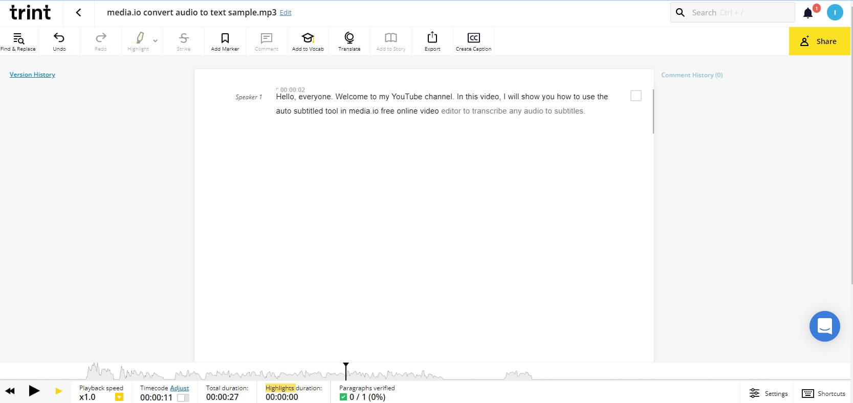 Interface of Trint - a user friendly online audio to text converter