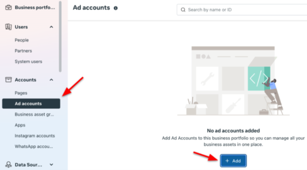 Добавление новой рекламной учетной записи в Facebook Ad Manager