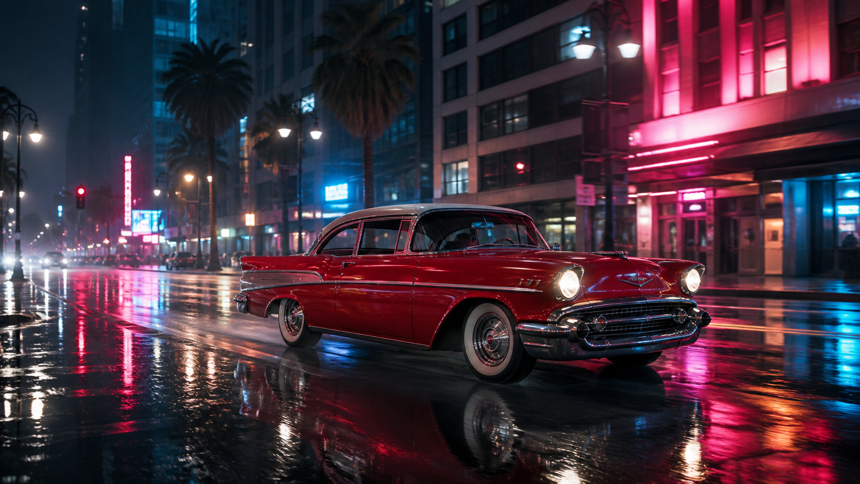 Rainy vintage car chase