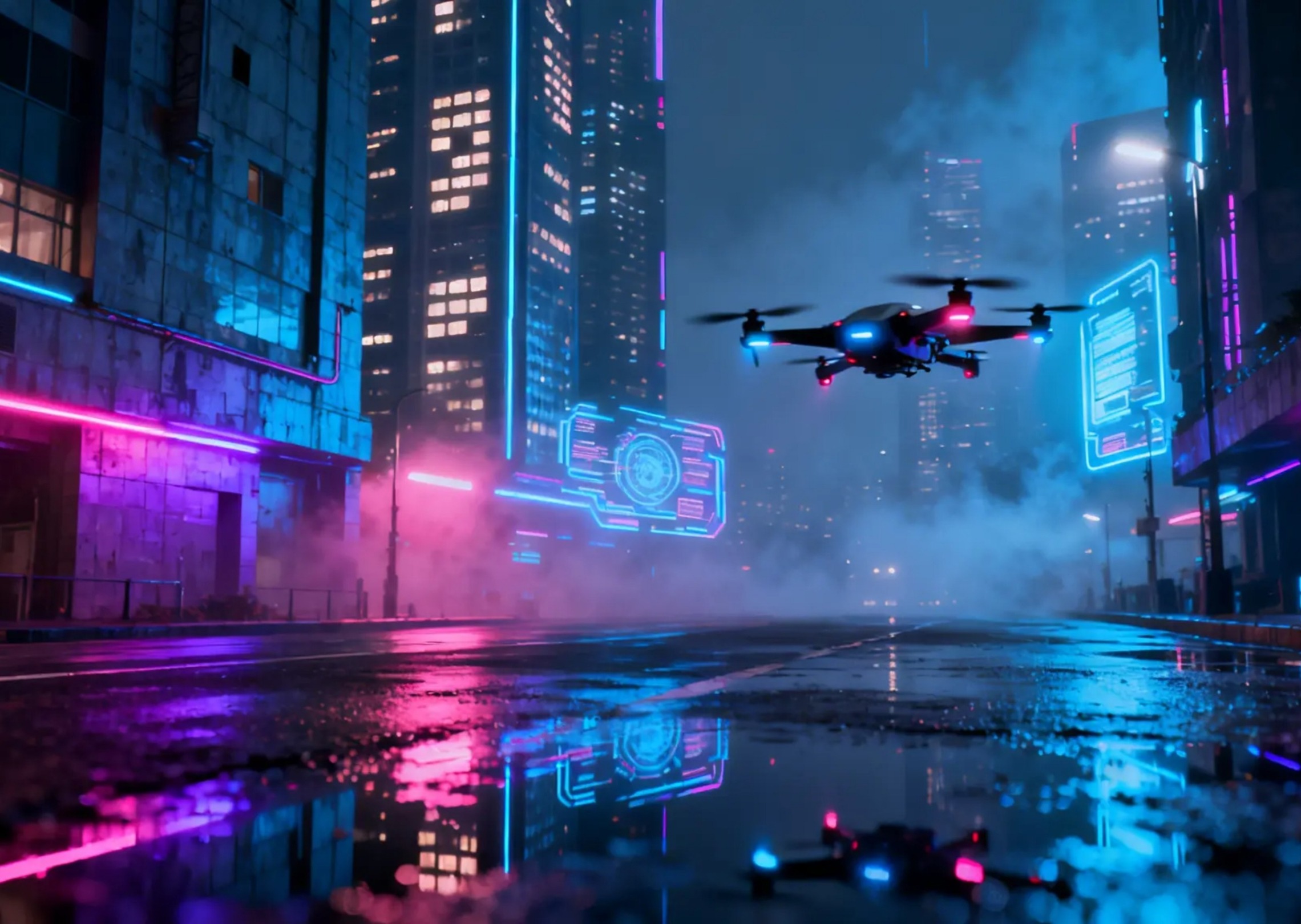 A futuristic cityscape at night with skyscrapers