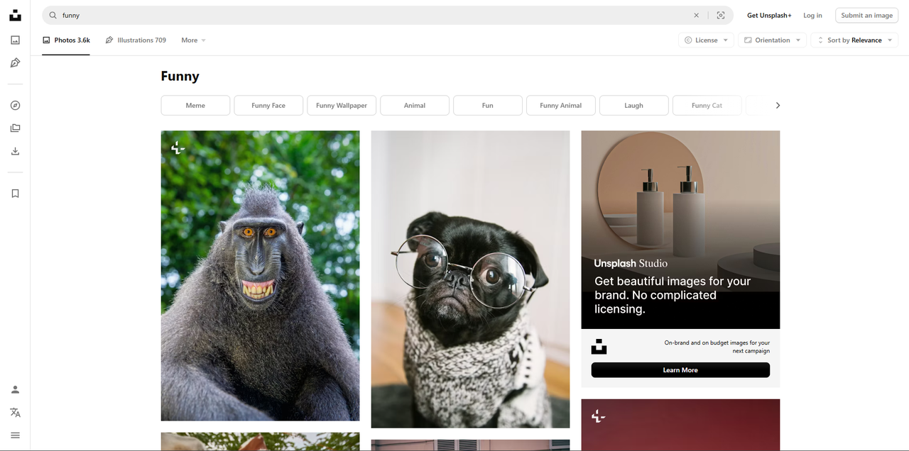 Interface of Unsplash - an online platform to find funny Facebook profile images 