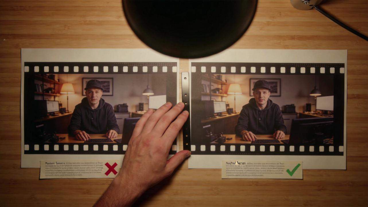 Two film frames on a desk compare a man video with a red X and green check mark