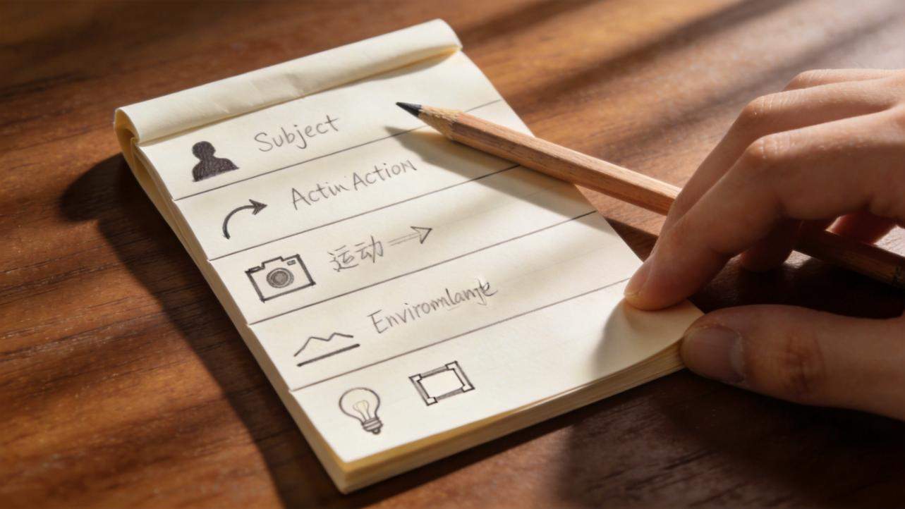 Hand writing camera prompt notes in a notebook with subject, action, and environment labels