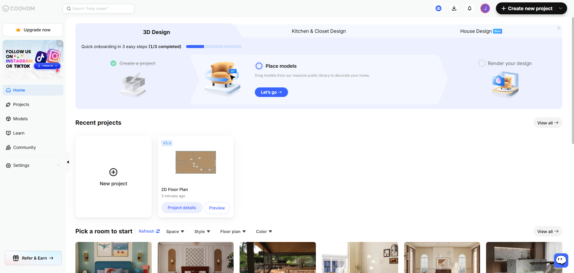 Acesse Coohom e cadastre-se