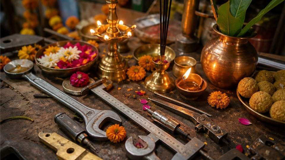 Vishwakarma Puja AI Photo Prompts — a detailed still life of tools, lamps, and festival flowers