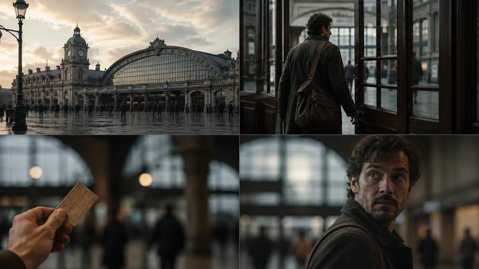 Four film scenes: station exterior, man entering, hand holding ticket, close-up of man