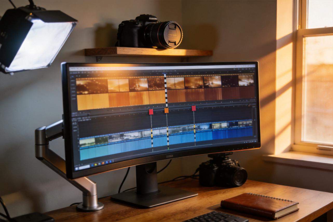 Video editing workspace with a monitor showing a timeline, cameras, a light panel, and warm sunlight by a window