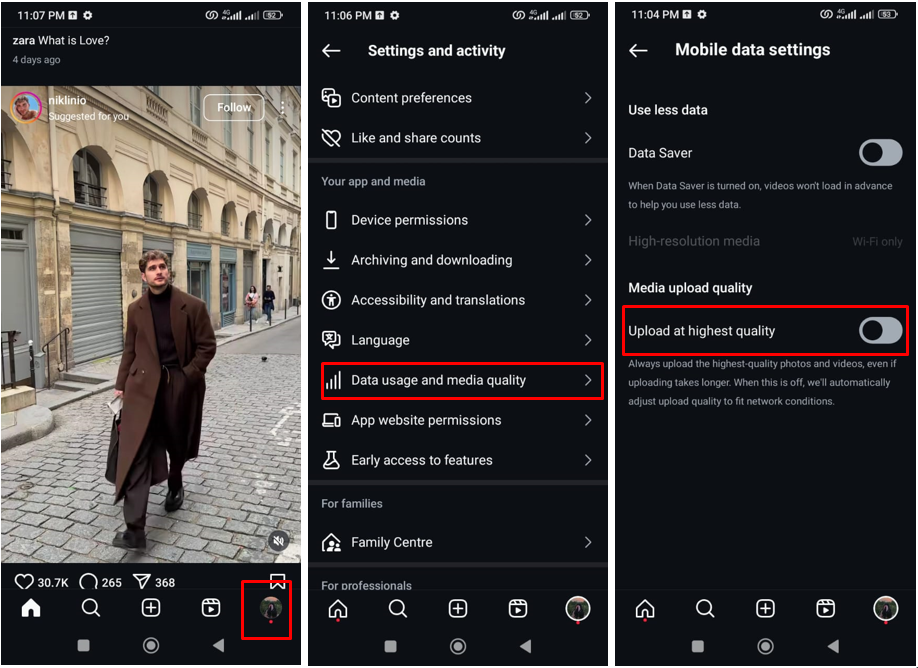 Image showing how to enable the high-quality upload option on Instagram