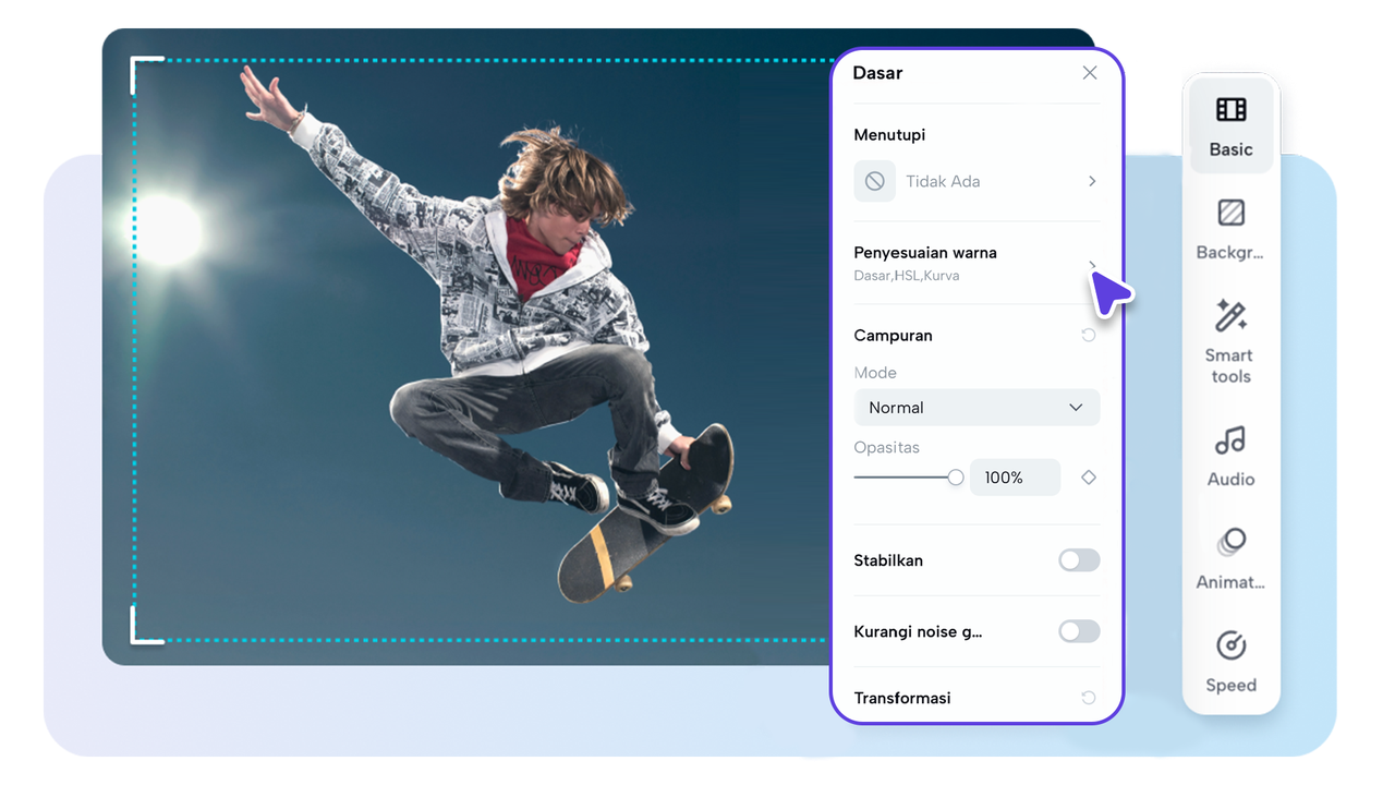 Alat ini memiliki fungsi yang kuat untuk menstabilkan video.