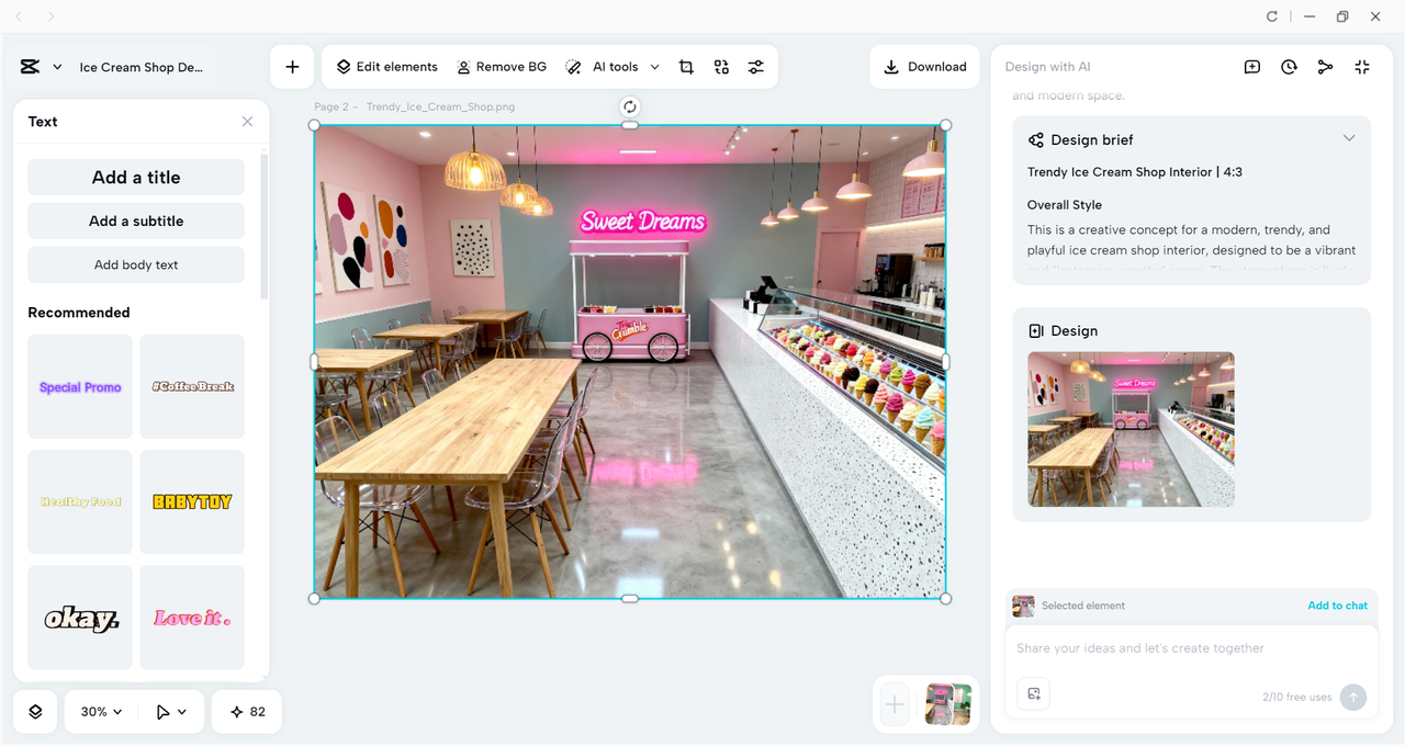 Interface of the CapCut desktop video editor - an efficient tool to design ice cream shop interiors