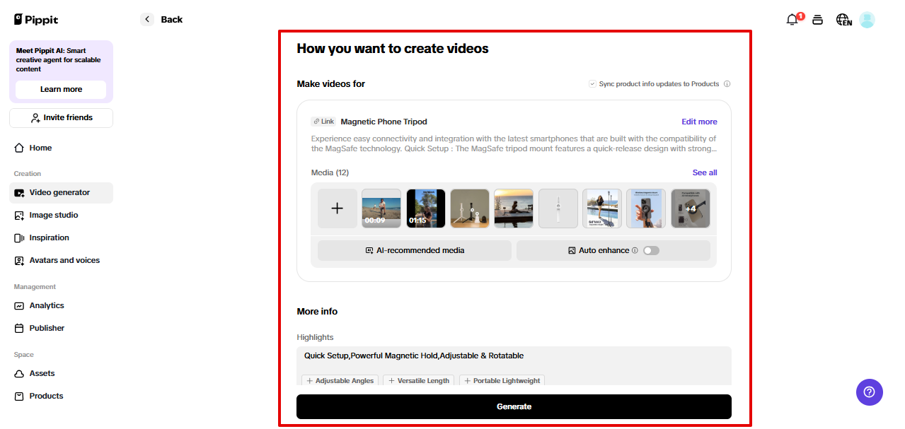 Configuring video settings in Pippit