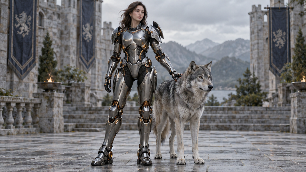 Premium 16:9 cinematic photorealistic keyframe, full-body original adult woman in articulated brushed-steel wearable mecha armor with amber joint lights, uncovered face, gently touching shoulder of calm gray wolf beside her, wolf entirely separate. Open stone courtyard, overcast soft light, clear elbow and knee gaps, one shoulder panel slightly unfolded, realistic engineered surfaces, balanced wide composition, no words or logos.