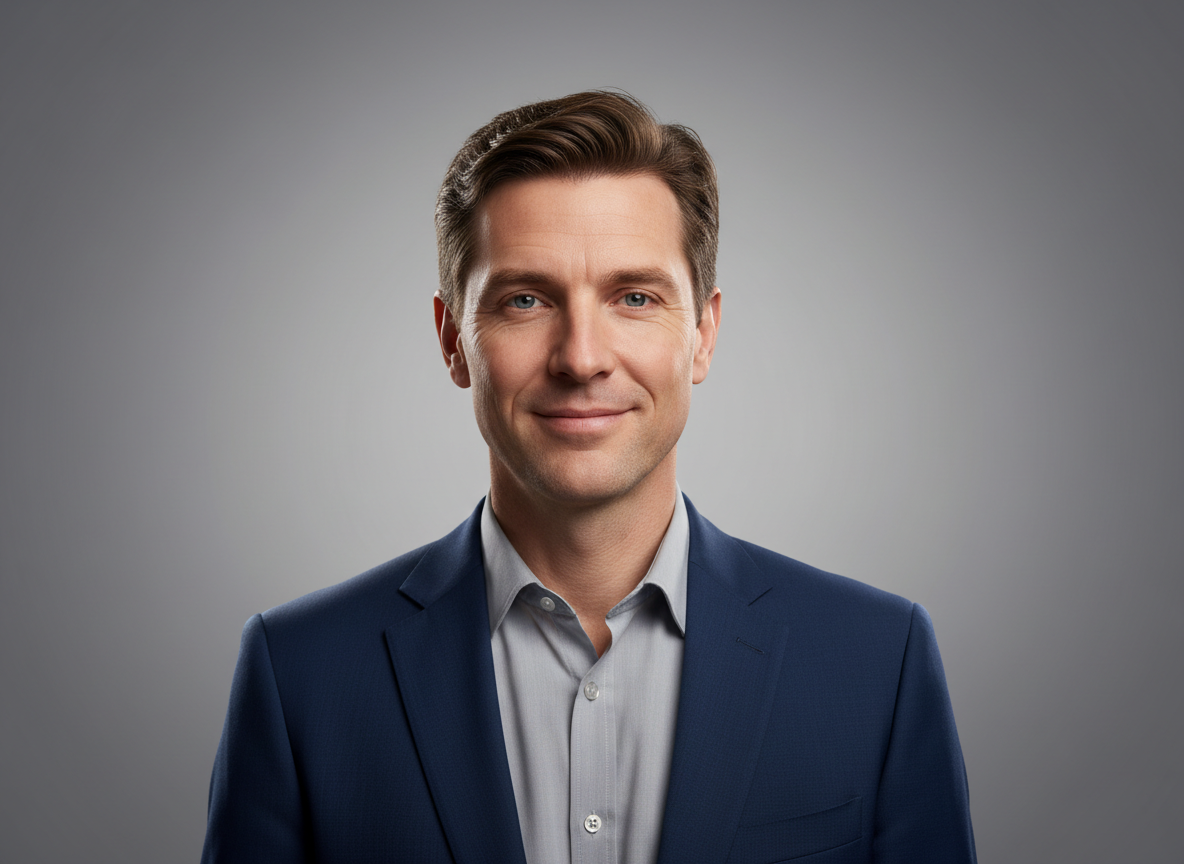 Photorealistic AI avatar marketing spokesperson, chest-up studio shot with crisp 4K detail and neutral gradient background.