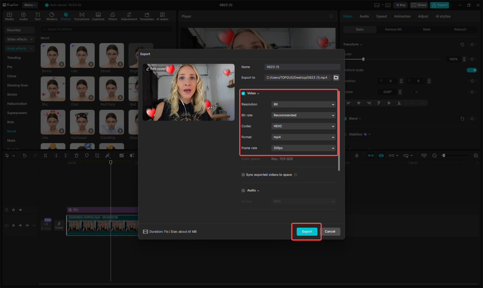 Export the face filter video for Instagram