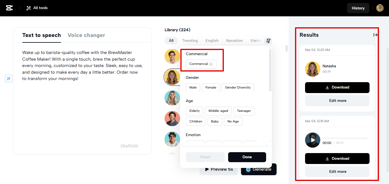 Kalidad ng pag-export ng tool ng CapCut Web TTS