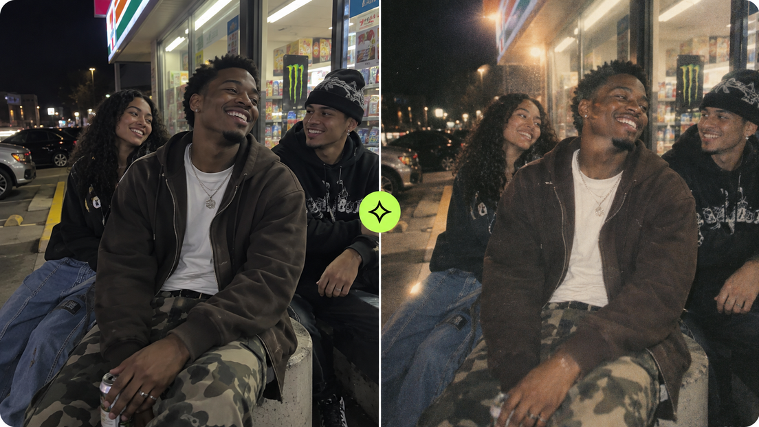 Young friends outside a convenience store shown with a grainy lofi night effect