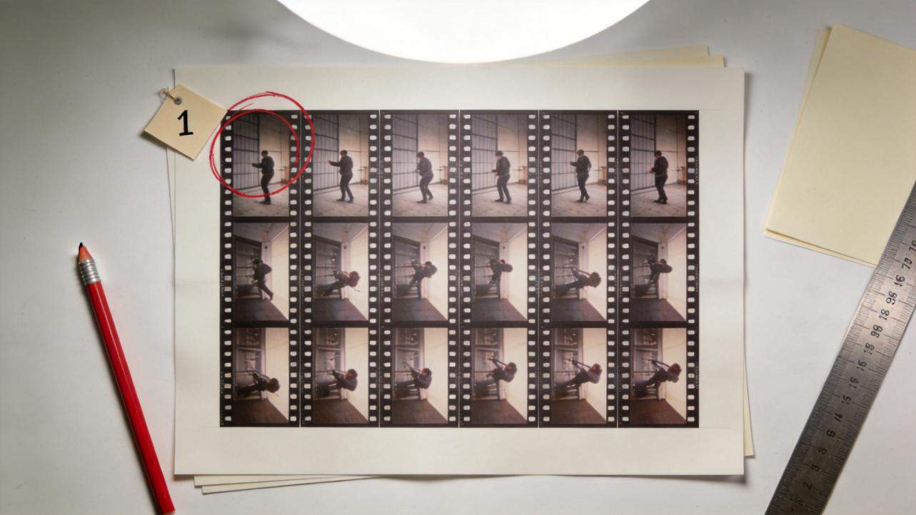 Contact sheet of film frames showing a man moving through a room, with one frame circled in red