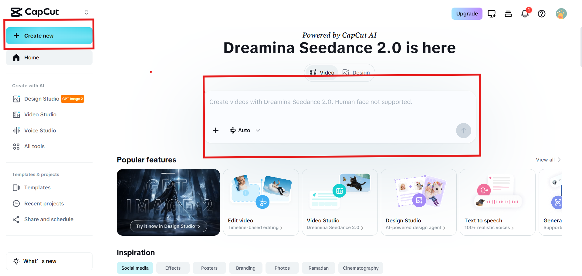 Opening CapCut AI video maker for Seedance 2.0 video creation