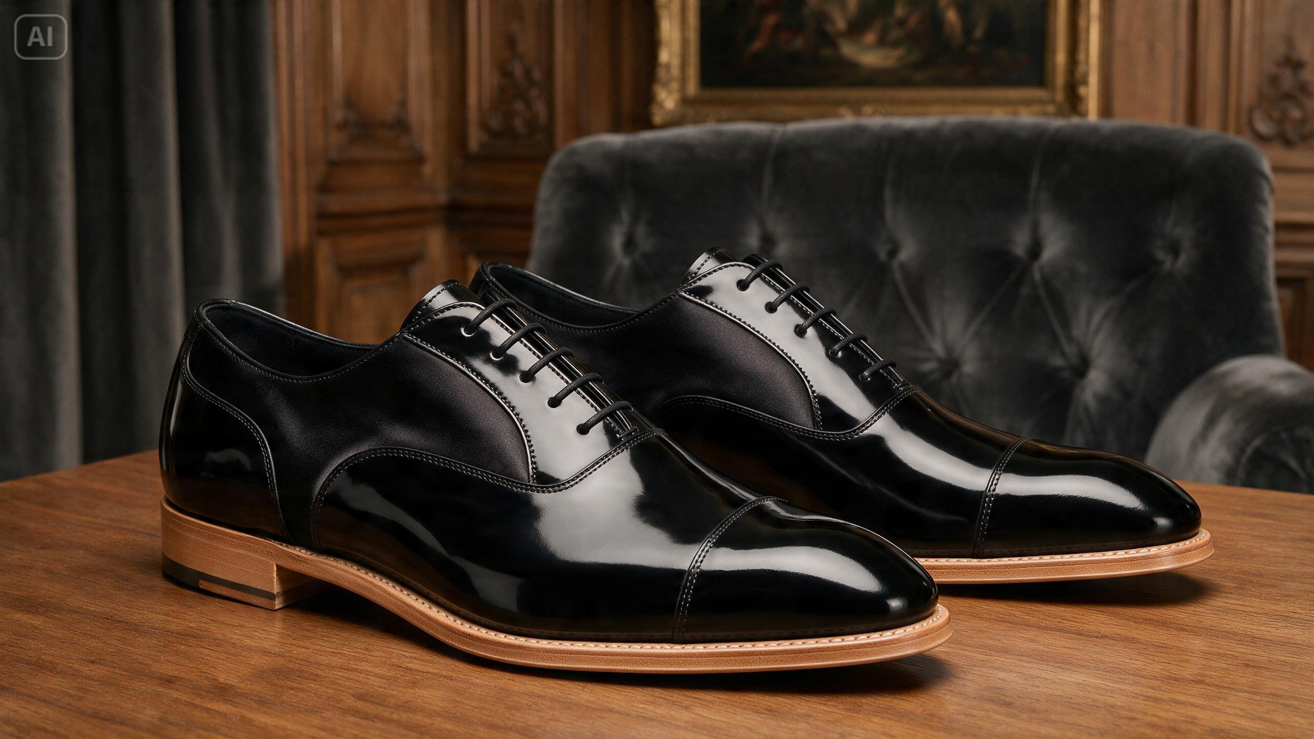 Prompt for a formal tuxedo shoe design for AI Shoe Generator: Design Custom Shoes Online in Minutes