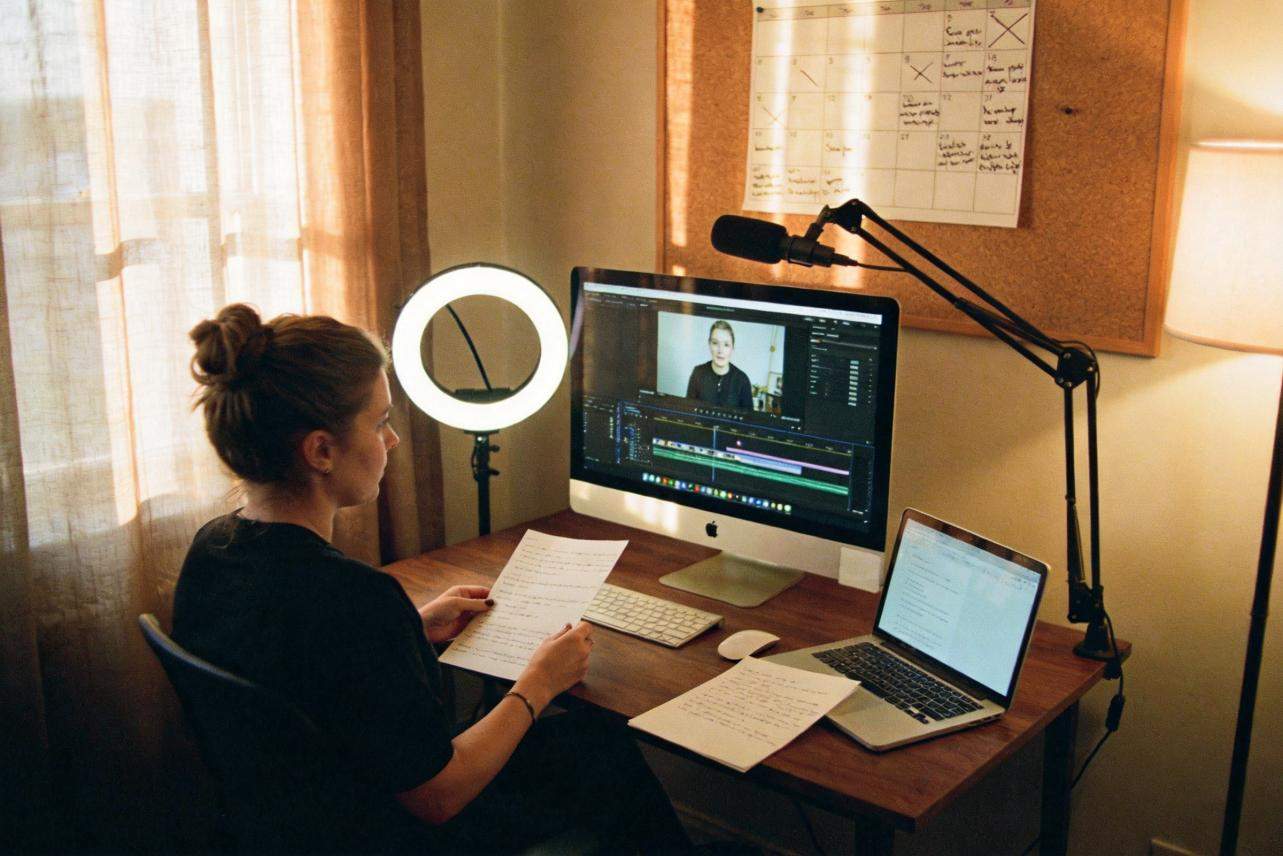 Woman editing a video on a desktop computer at a home desk with a ring light, microphone, and laptop