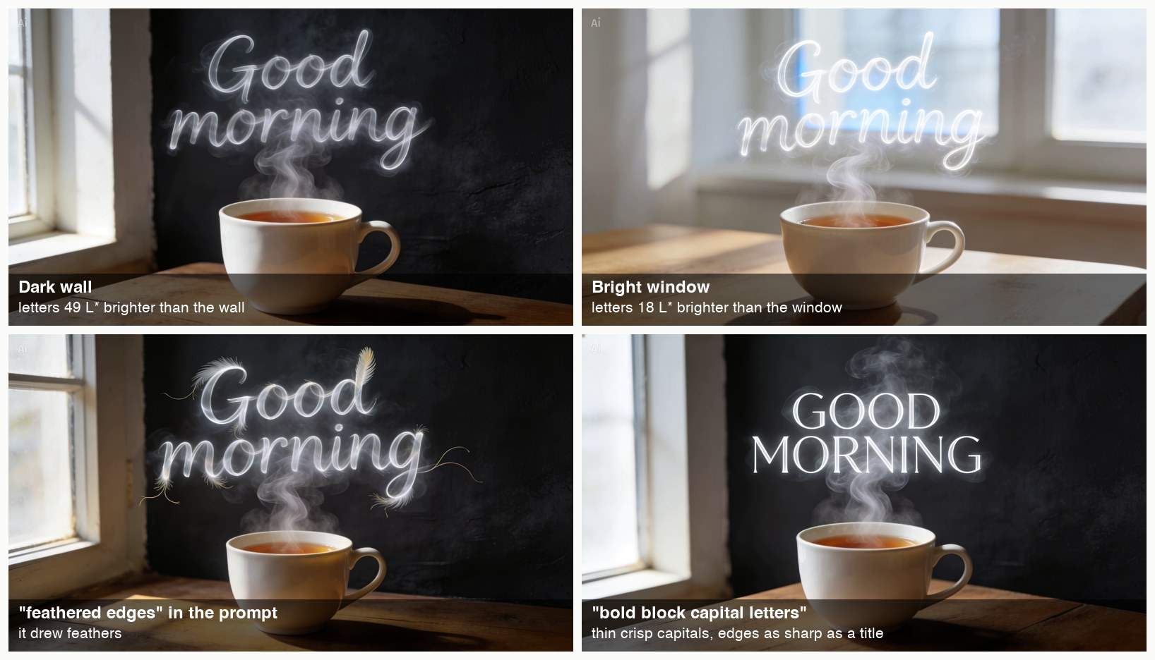 Four stills of steam lettering: on a dark wall, in front of a bright window, with feathers attached, and as thin capital letters.