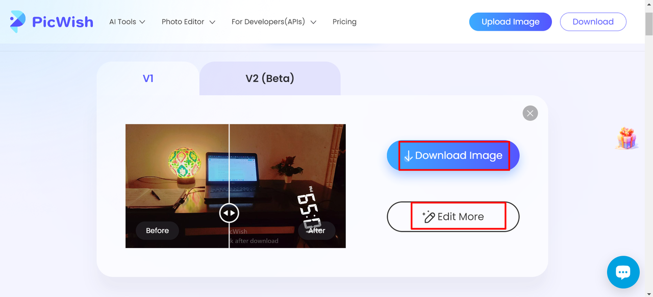 Interface do Picwish - uma ferramenta online usada para limpar imagens desfocadas