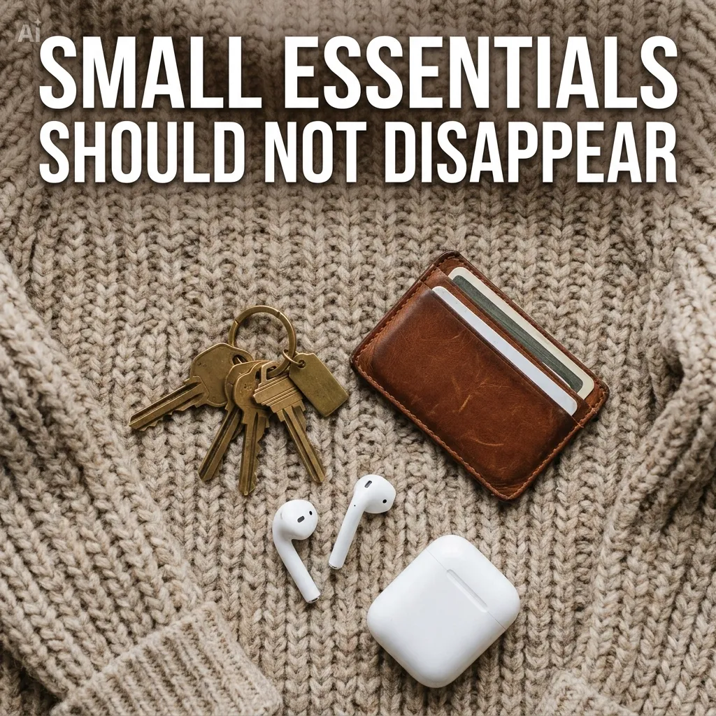 Small everyday items scattered across a desk before they are packed into the Morrow Loop bag.